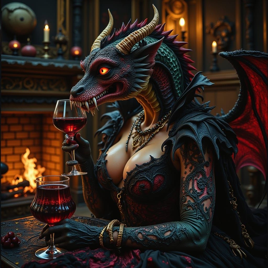 Elegant Vampire Dragon Sips Wine in Cozy Room