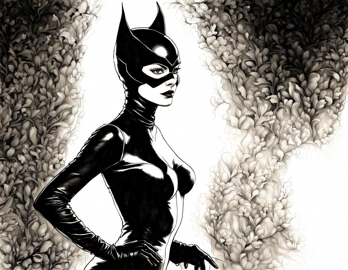 Elegant Catwoman Portrait in Ink and Charcoal