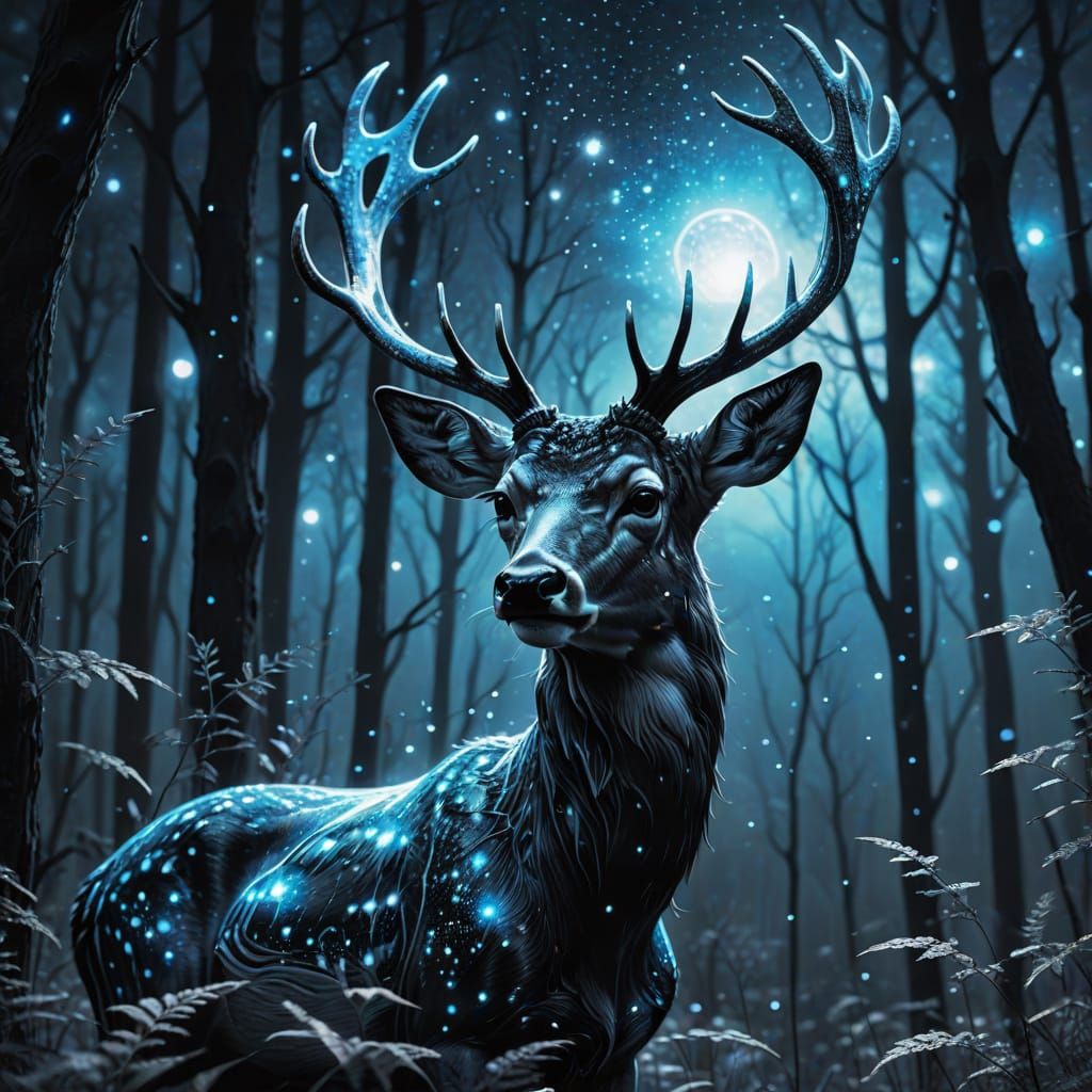 Surreal Cosmic Deer in Forest with Blue Stars