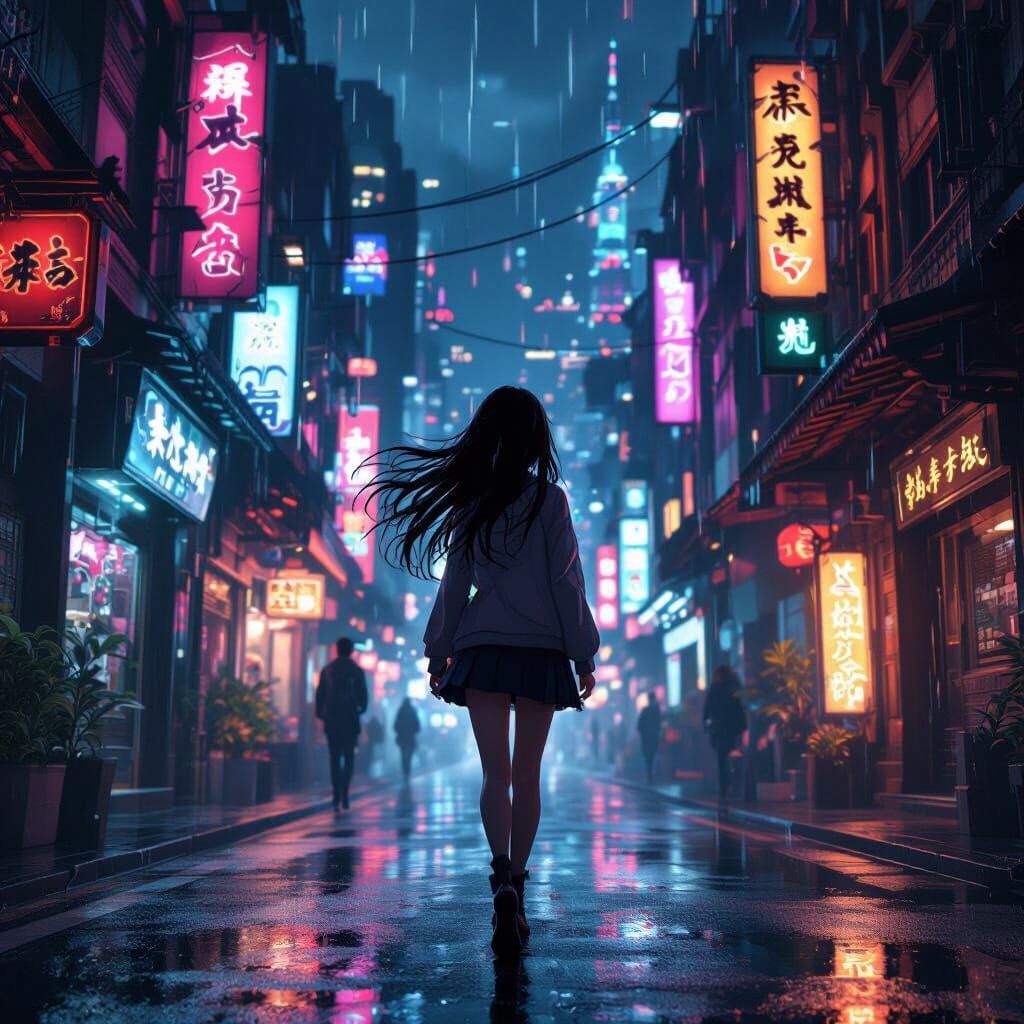 Anime Girl in Neon City at Night