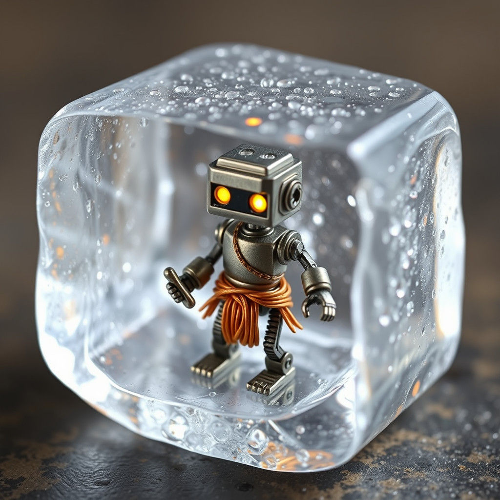 Robot Caveman Trapped in Ice Cube, Industrial Futurism Style