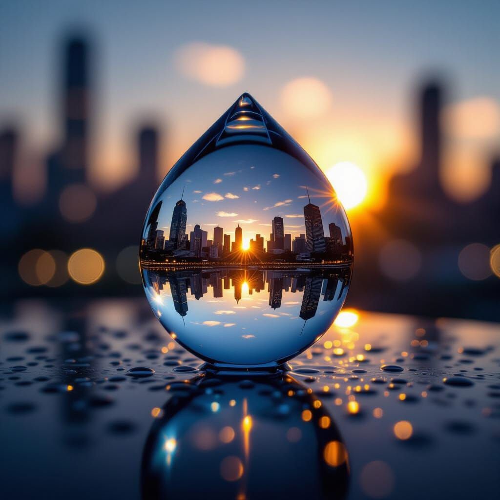 Sci-Fi Metropolis Reflected in Dew Drop