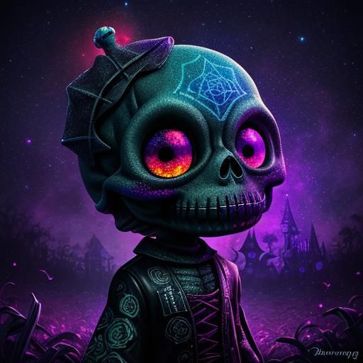 Psychedelic Halloween Sugar Skull Monster in 3D Chibi Style