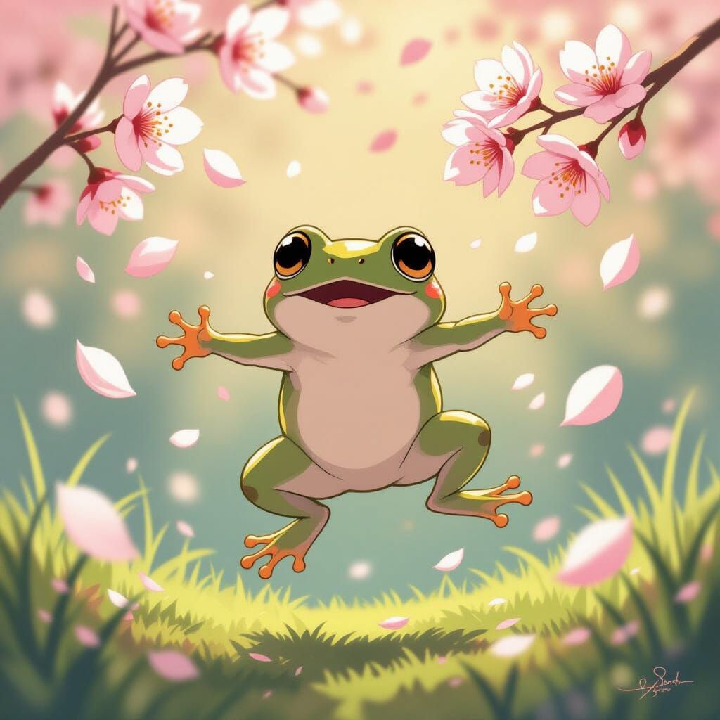 Frog in Mid-Jump, Ghibli-Inspired Cherry Blossom Scene