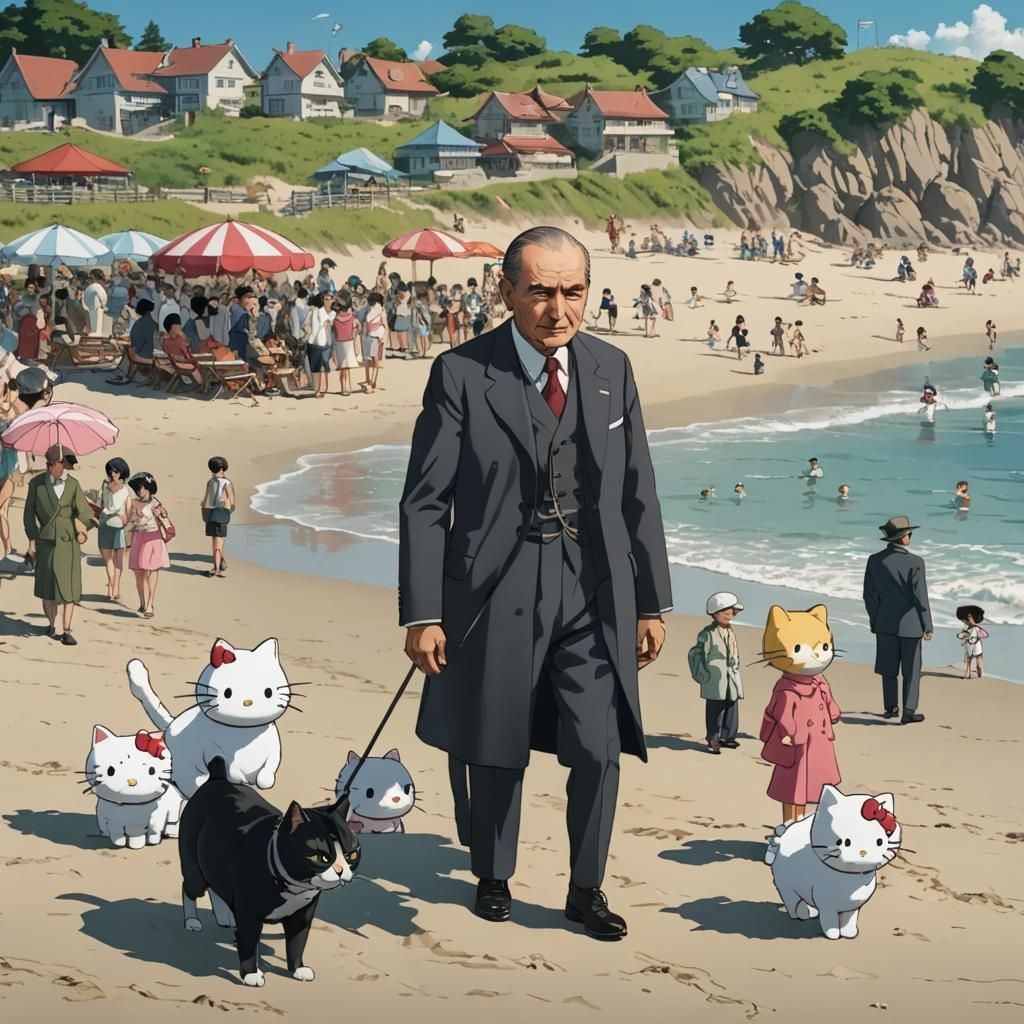 Atatürk and İnönü at Beach, Ghibli Anime Style