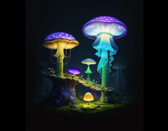 Jellyfish in Toadstool Forest as Beatrix Potter Art