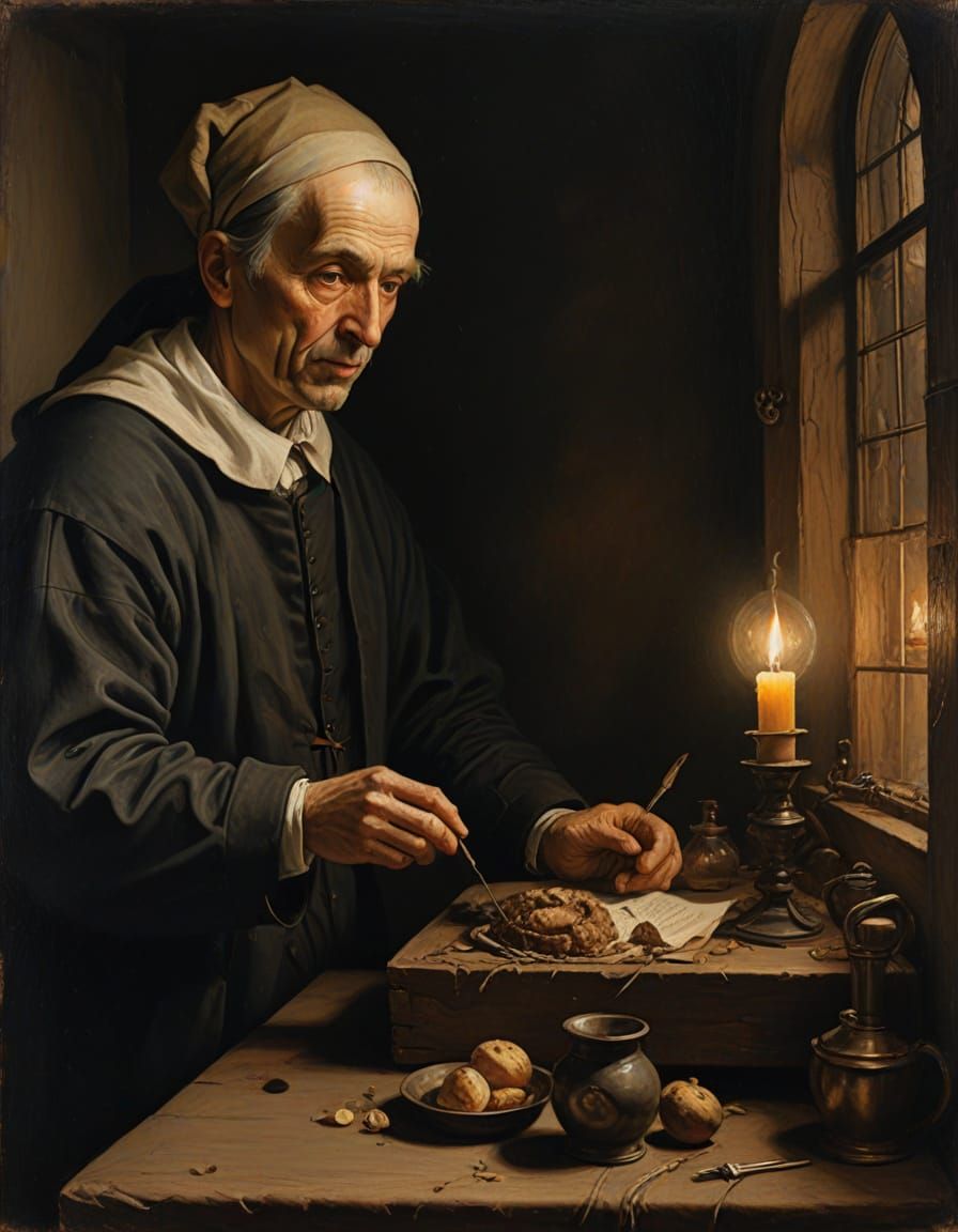 Renaissance Doctor Examines Plague-Ridden Patient in Muted C...