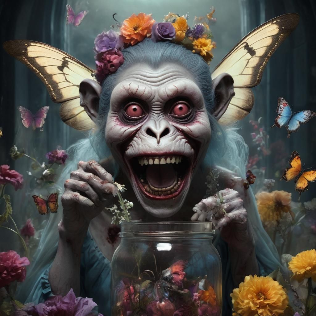 Dark Whimsical Fairy Godmother in a Mason Jar as a Watercolo...