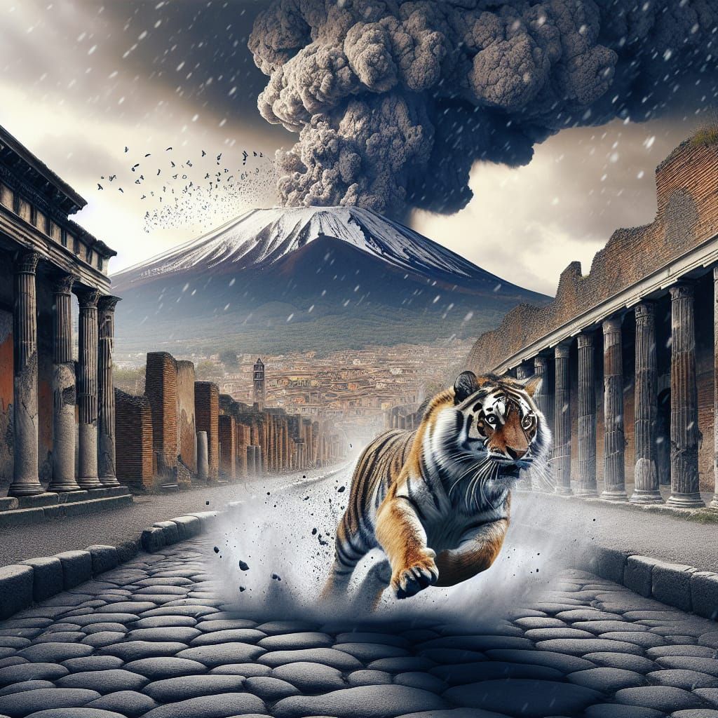 Tiger Runs Through Pompeii During Volcanic Eruption
