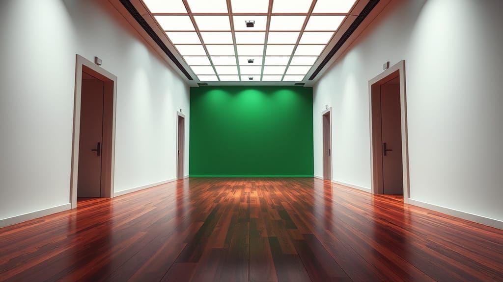 Modern Television Studio Hallway in High-Contrast Lighting