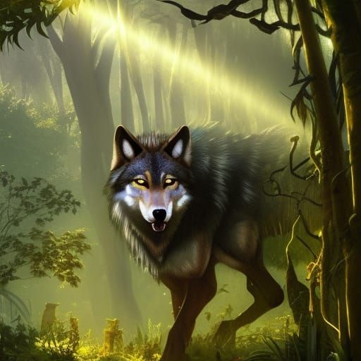 Rainbow Wolf in Fantasy Jungle, Detailed Concept Art