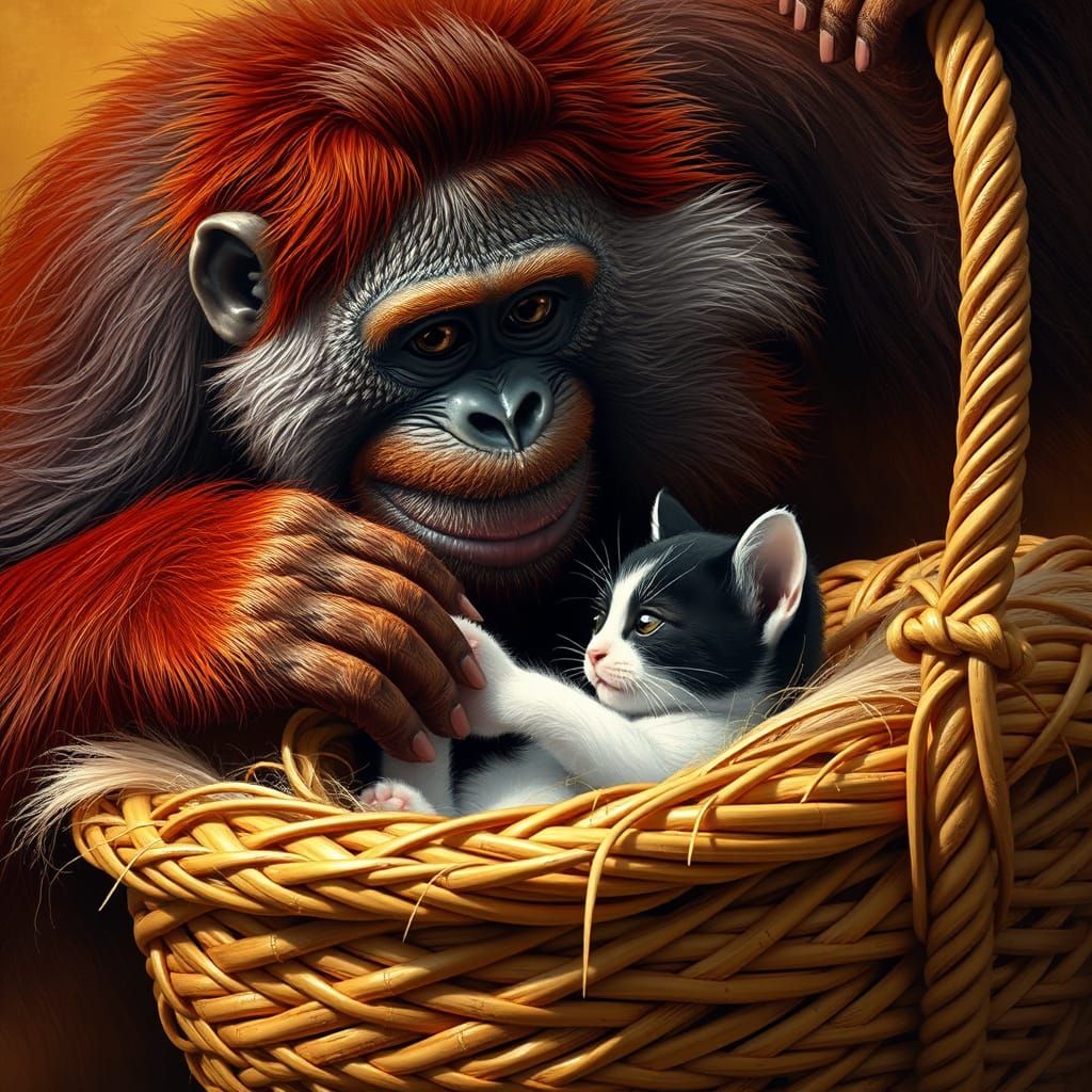 Orangutan and Kitten Share Tender Moment in Warm Golden Ligh...