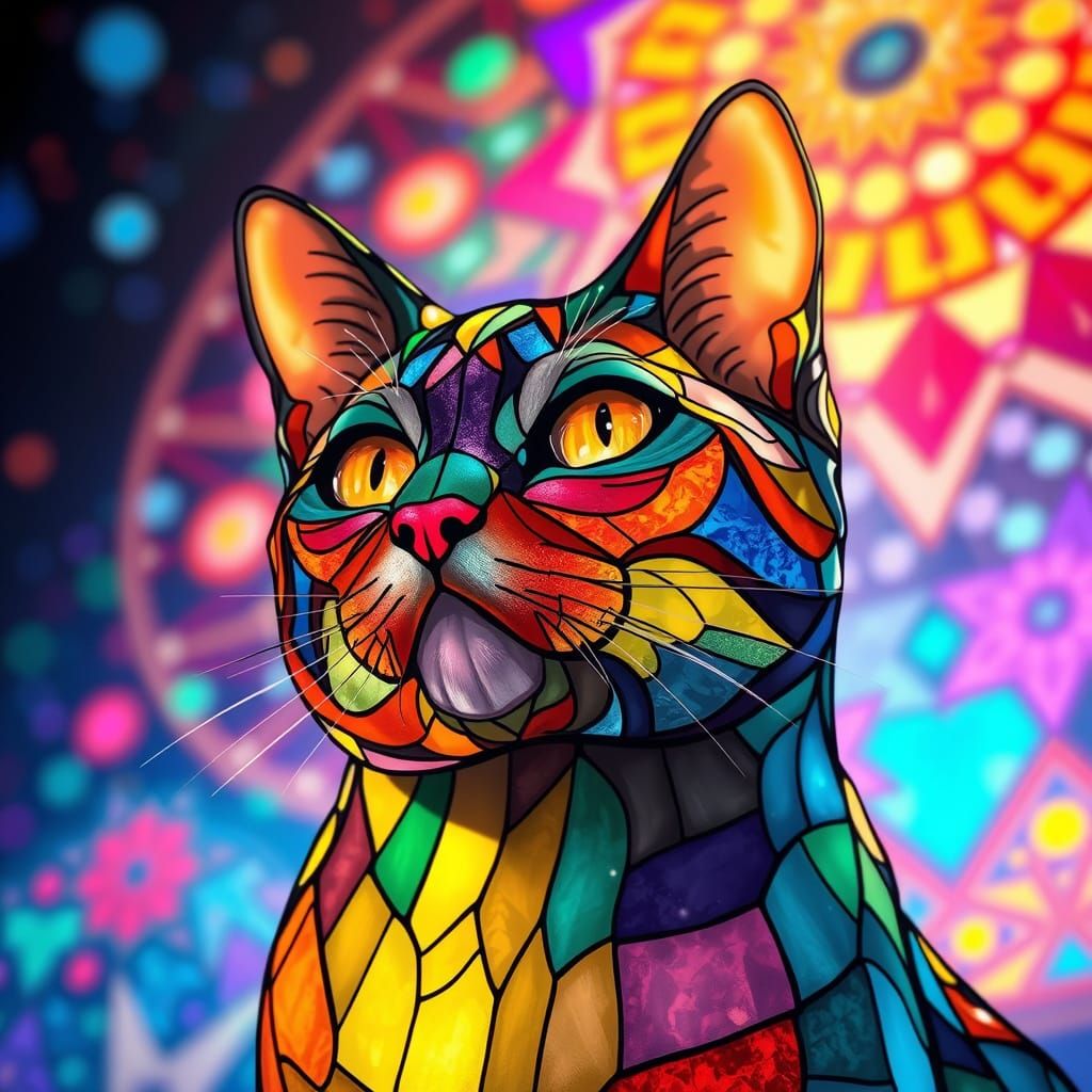 Glowing Art Nouveau Cat in Kaleidoscopic Dreamscape