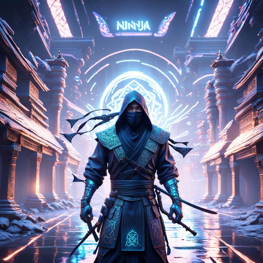 Holographic Ninja in Detailed Matte Painting Style