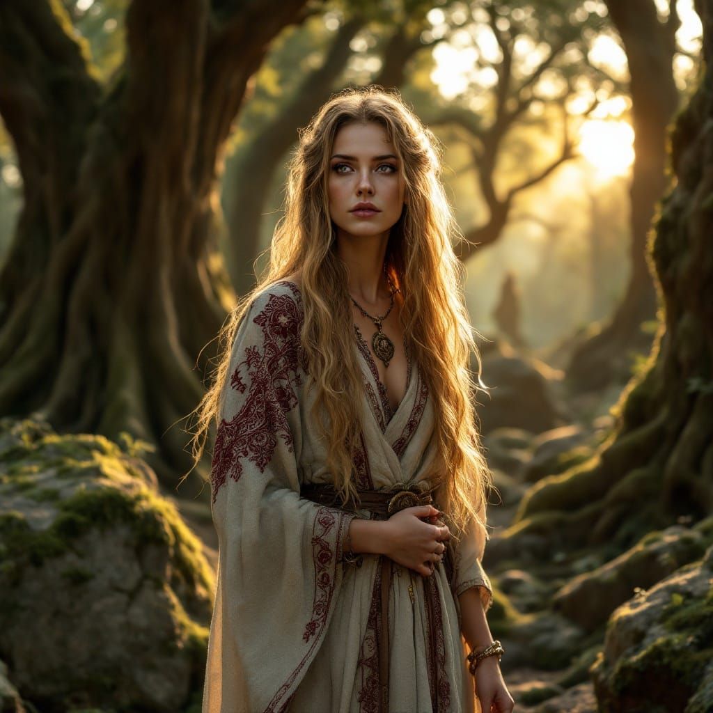 Baltic Priestess in Ancient Oak Forest at Twilight