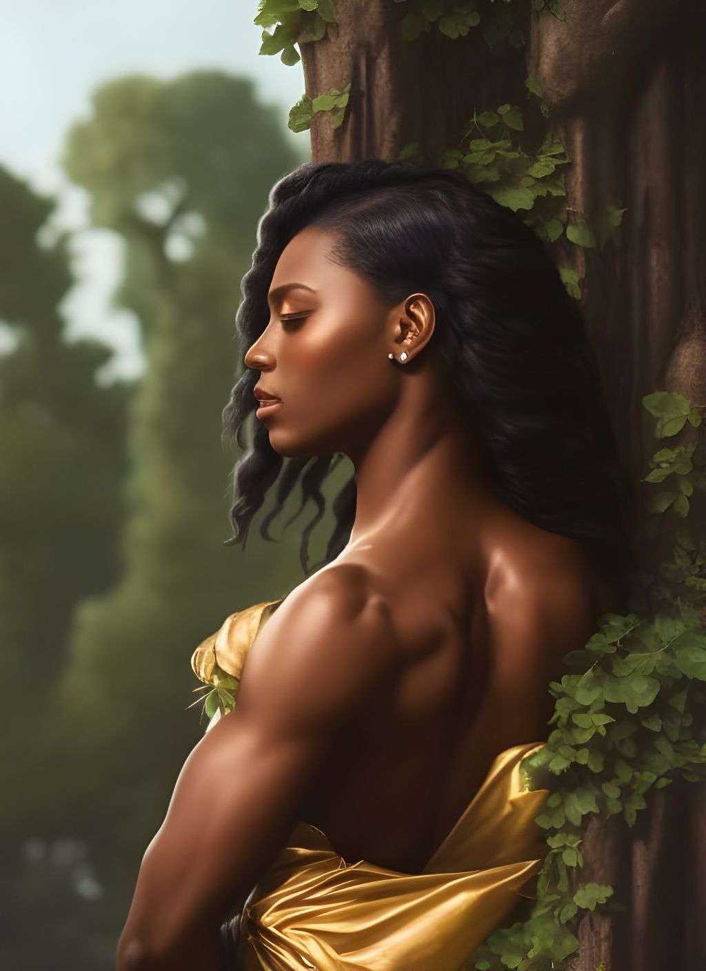 Muscular Dark Skinned Girl Leaning on Obelisk