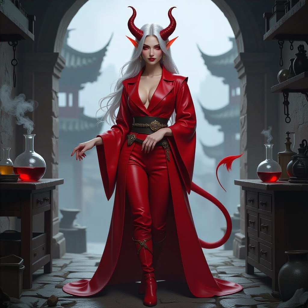 Unattractive Male Tiefling Alchemist in Red Leather Suit
