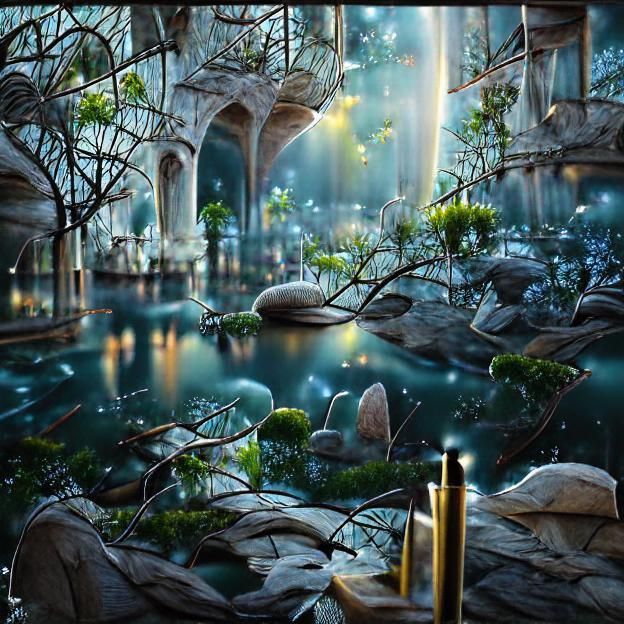 Luminous Underwater Temple Ruins in Anime Style