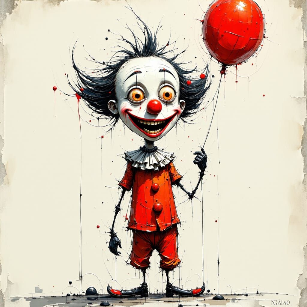 Expressive Clown Illustration with Red Balloon