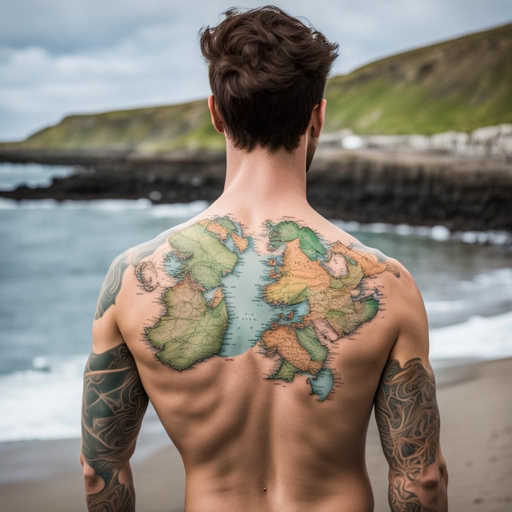 Man on Beach with Ireland Map Tattoo