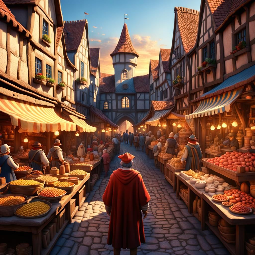 Waldo in Crowded Medieval Marketplace, Pixar Style