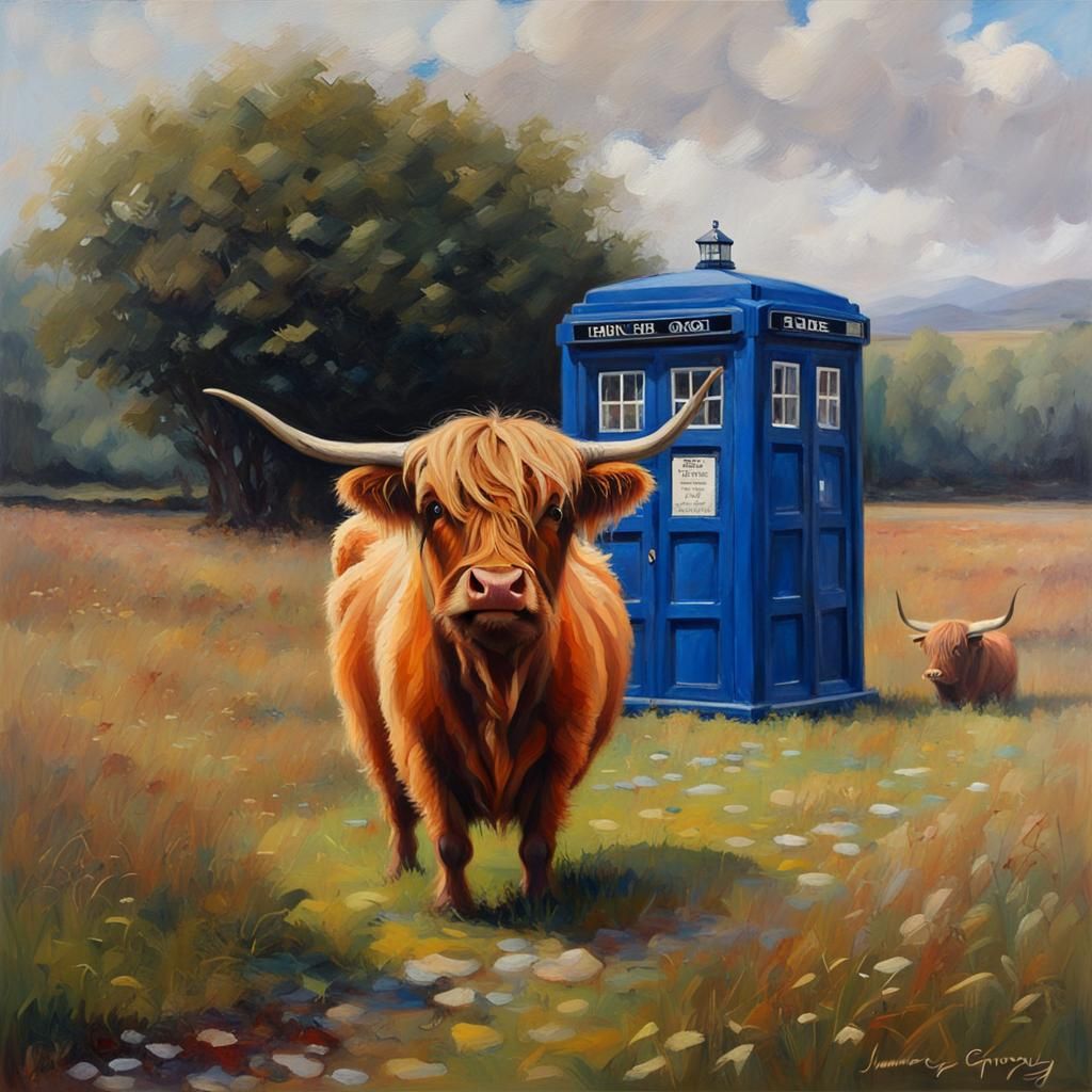 Highland Cow and Tardis: Oil Painting