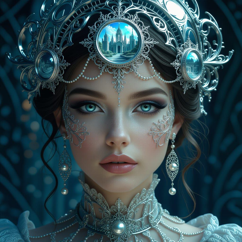 A majestic woman’s face fused with silver clockwork domes an...
