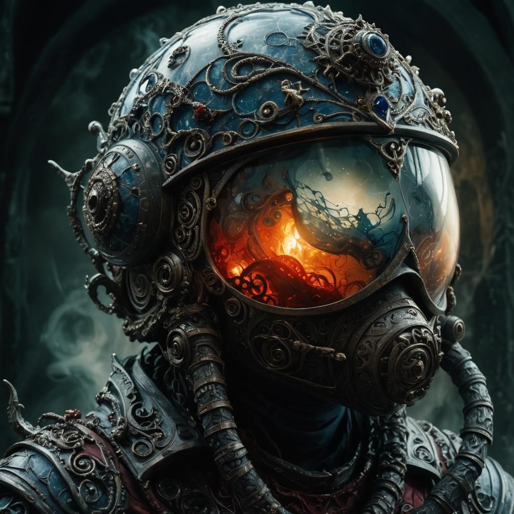 Marble and Wood Helmet Sculpture in Dark Whimsy Style