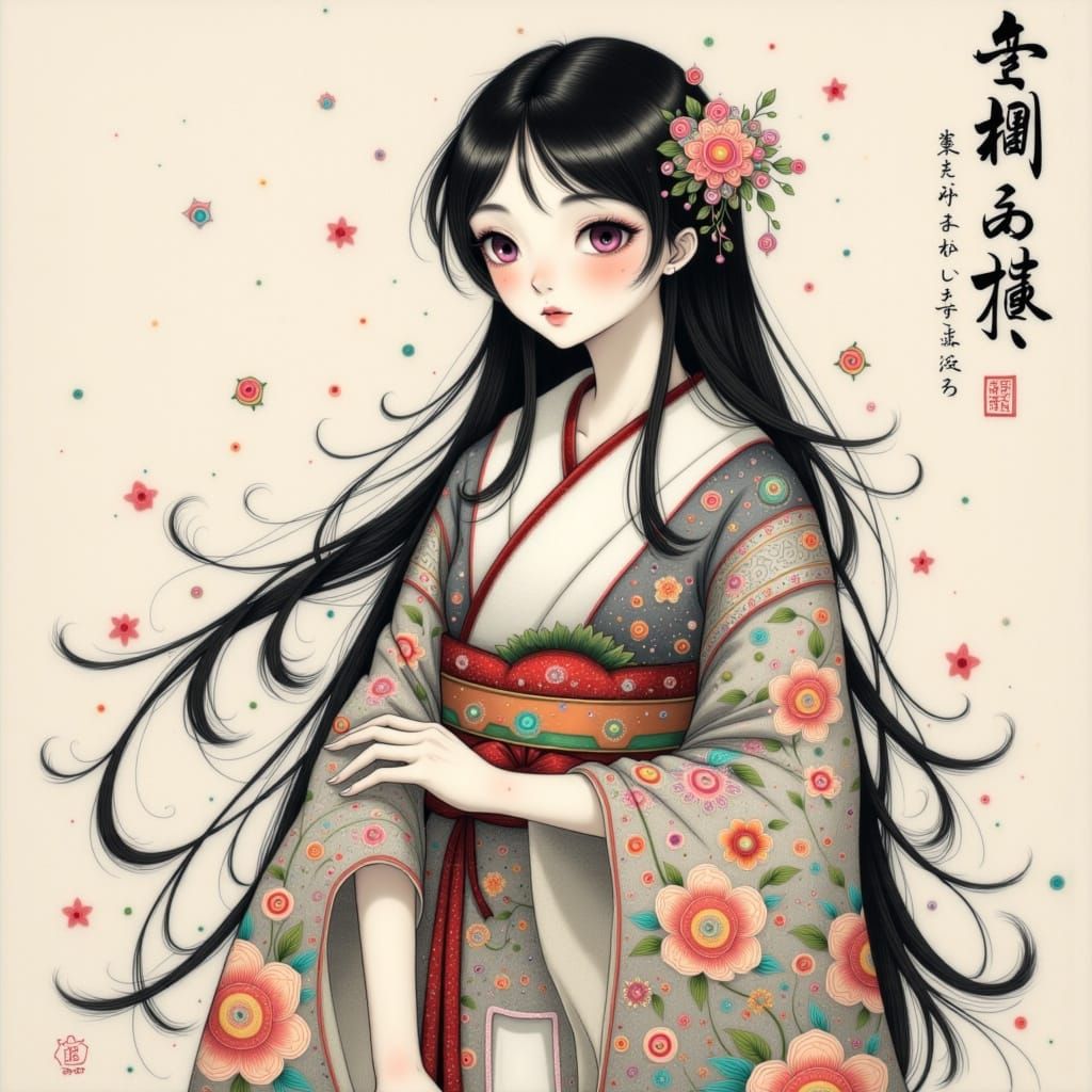 Japanese Woman in Kimono Inspired by Hashimoto Gahō