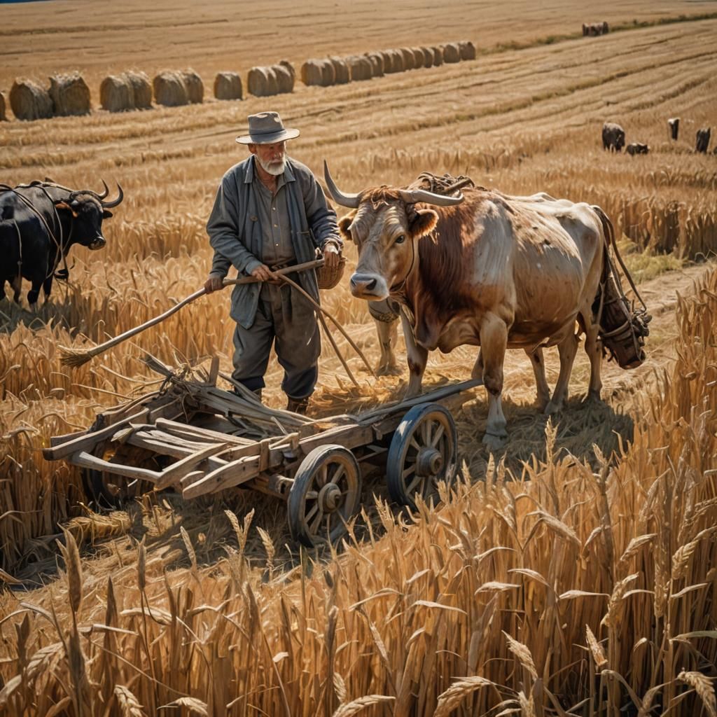 Oxen Pulling Hay Cart in Impressionist Style
