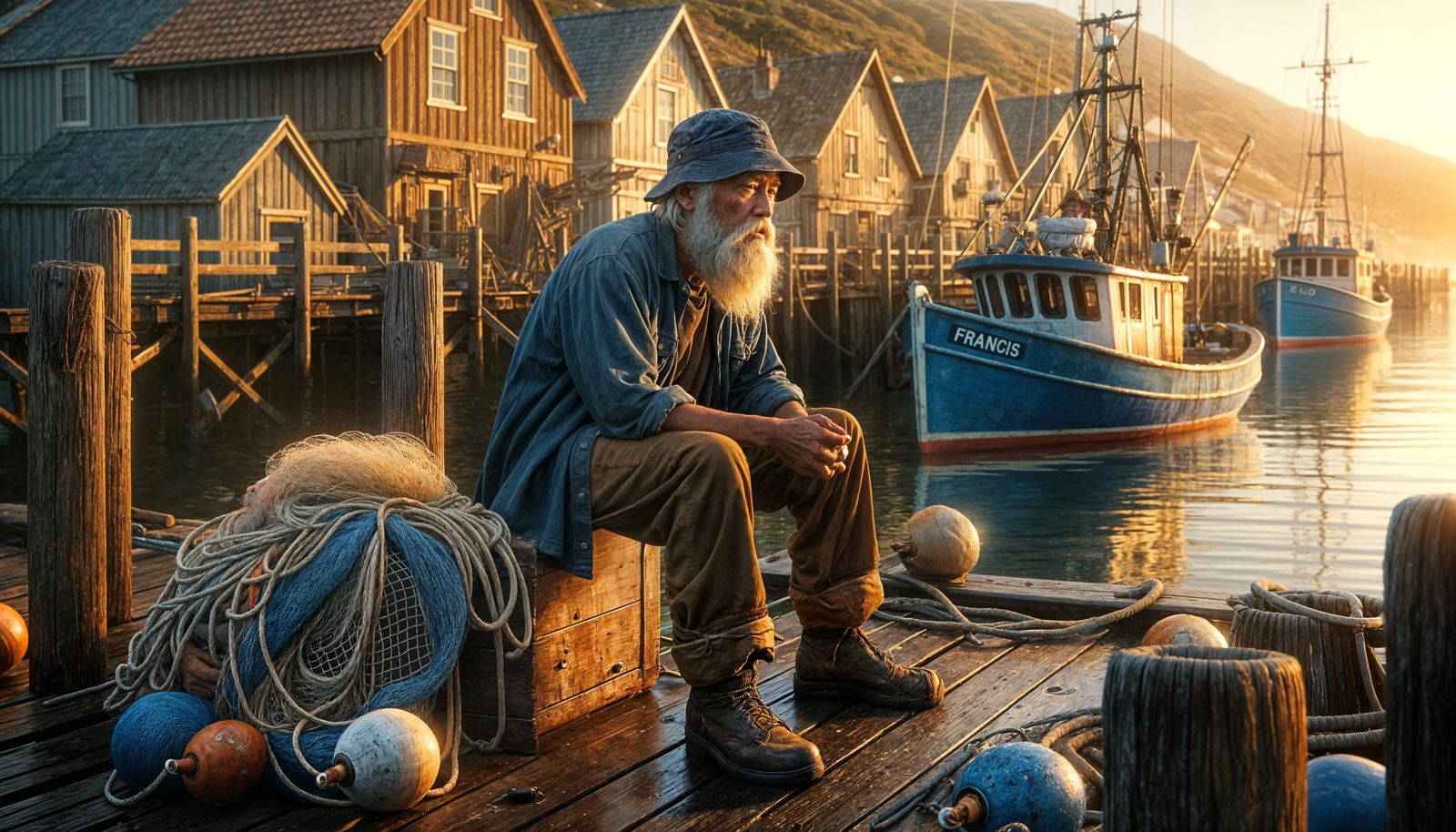 Elderly Fisherman Contemplates Golden Hour Harbor Scene