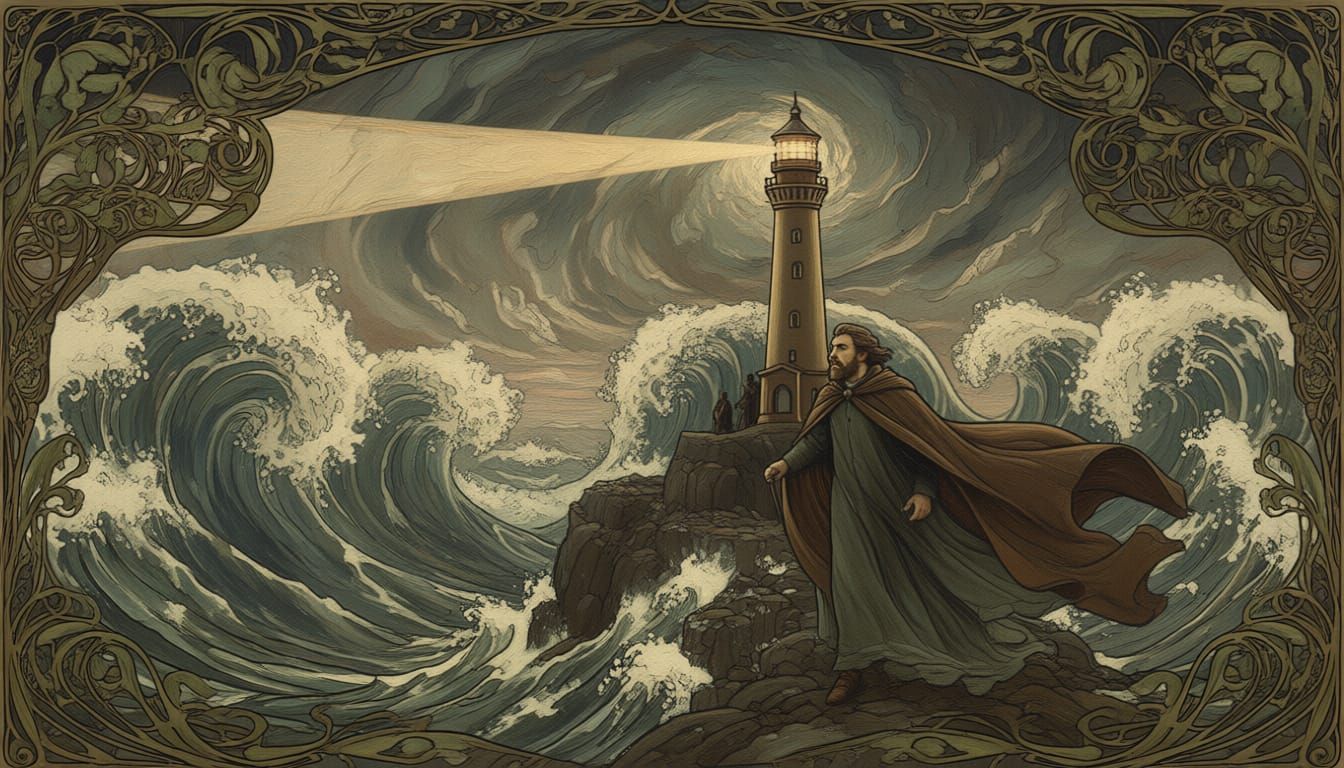 Art Nouveau Lighthouse in Stormy Seas