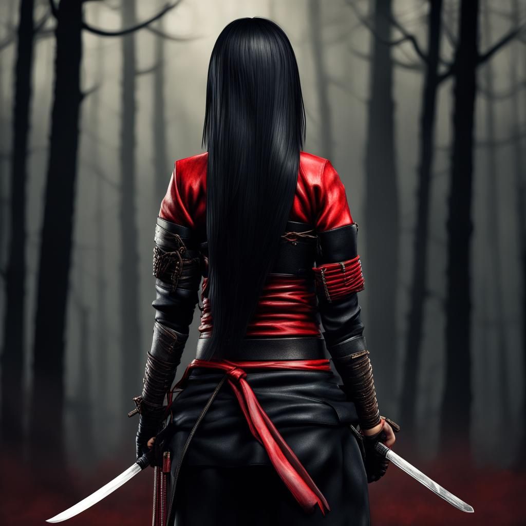 Hyperrealistic Female Shinobi with Katana in Forest