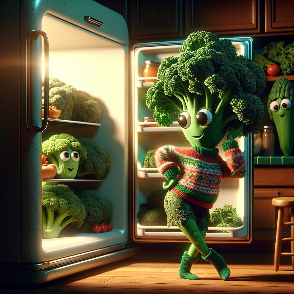 Whimsical Kale Character in Animated Refrigerator Scene