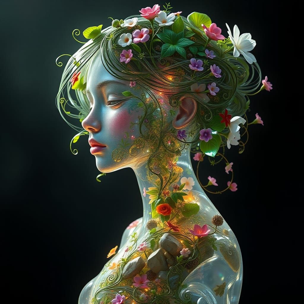 Ethereal Glass Goddess in Vibrant Floral Tapestry