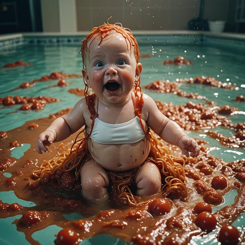 Adult Baby in Spaghetti Sauce: Cinematic Film Still