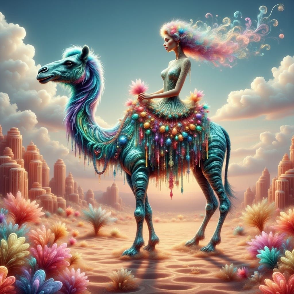 Iridescent Zebra Striped Camel in Dreamlike Digital Art
