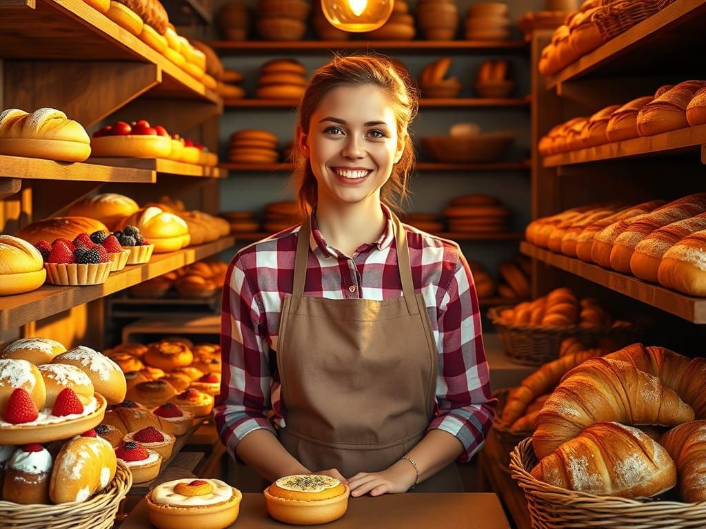 Warm Bakery Scene in Whimsical Folk Art Style
