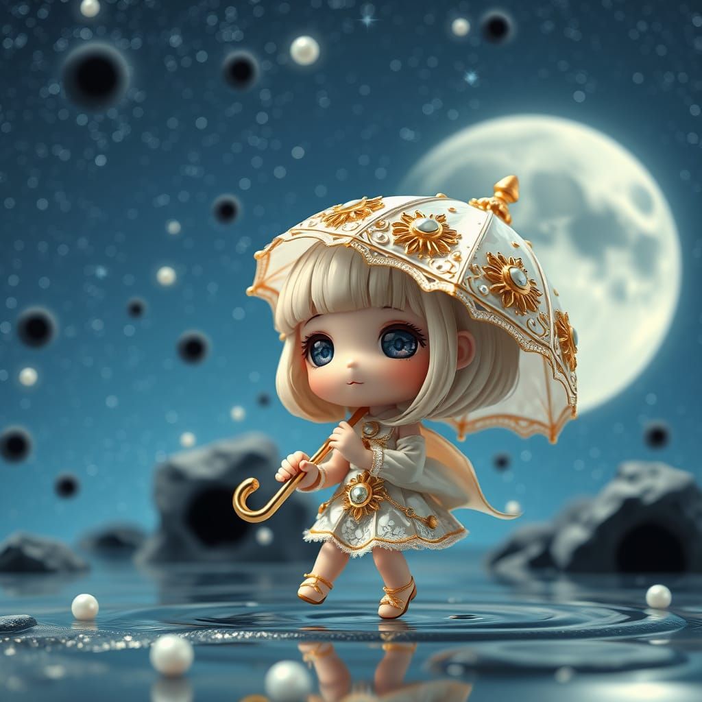 Chibi Fantasy Girl Under Starry Night Sky