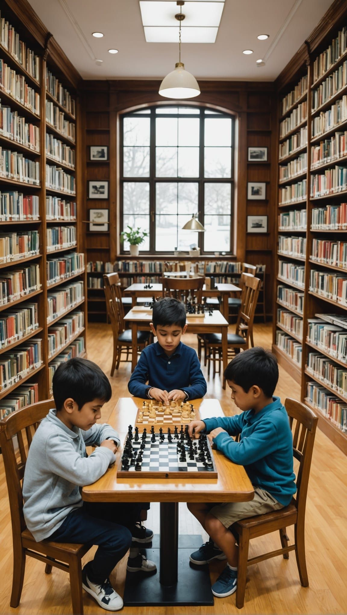 Children Playing Chess in a Bright Library