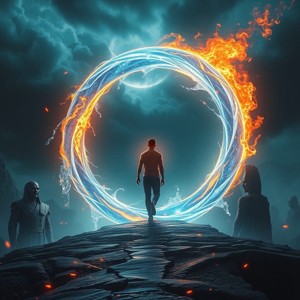 Ethereal Figure Walks Amidst Water and Fire