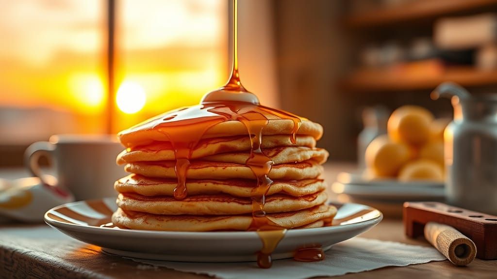 Pancakes with Dripping Syrup at Sunrise