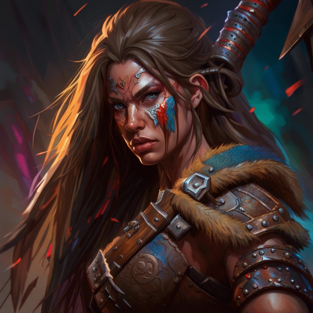 Young Female Barbarian with Axe in Hyperrealistic Style