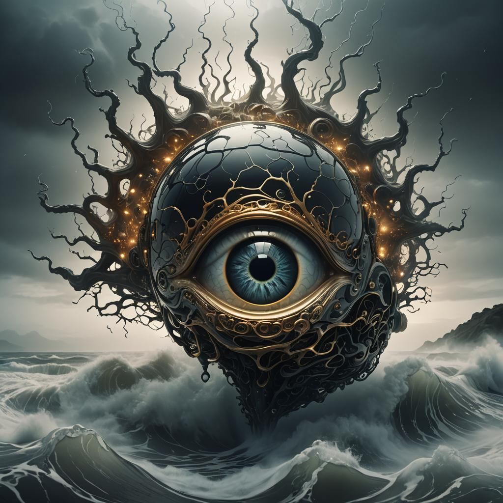 Surreal Glass A with Brain in Dark Fantasy Style