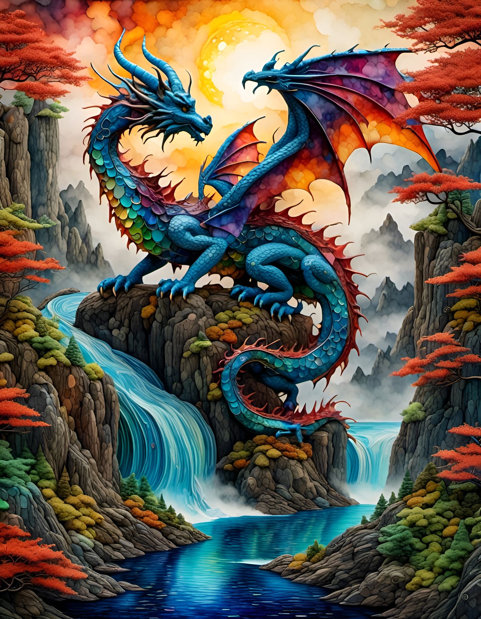 Bauhaus Dragon with Alcohol Ink Waterfall