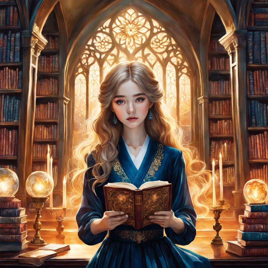 Hermione Granger Reading in Magic Library as Watercolor