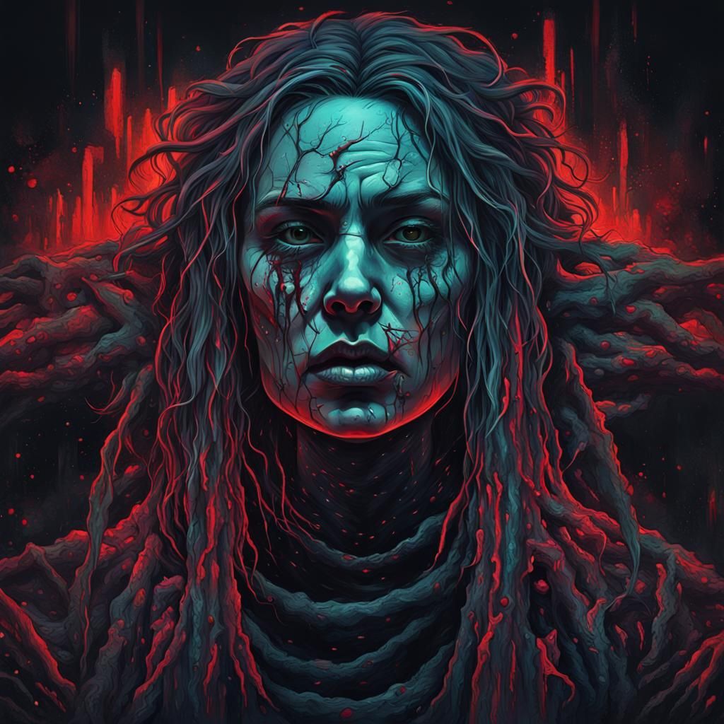 Eerie Portrait: Serene Woman in Chaotic Landscape