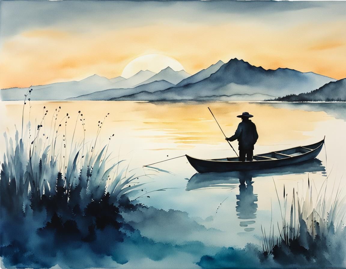 Golden Sunset Over Lake with Fisherman, in Watercolor