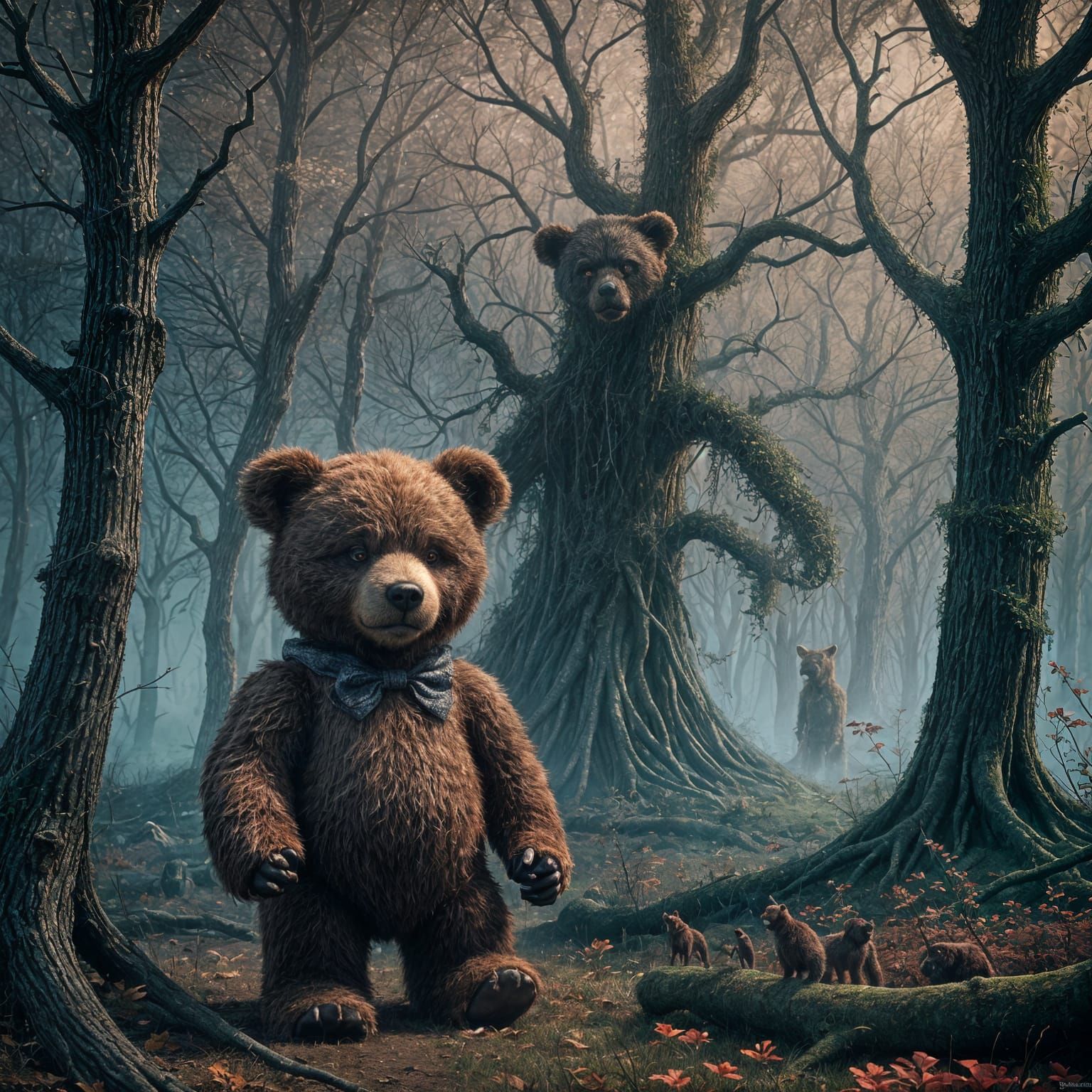 Macabre Teddy Bears in Fantastical Forest Art