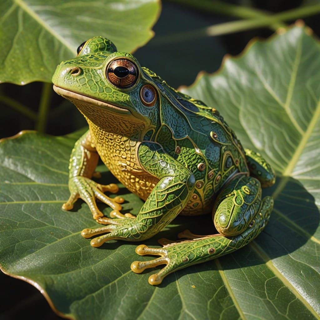 Serene Gold Frog Perched on a Majestic Green Leaf